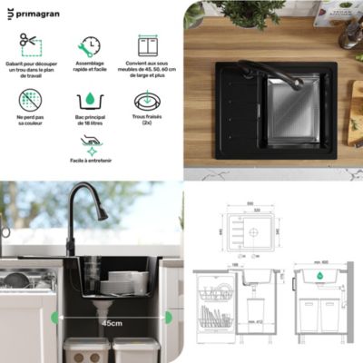 PRIMAGRAN Evier Cuisine en Granit Tout Noir 55x44cm, Lavabo 1 bac + Kit de Vidage + Accessoires, Évier à Encastrer au meuble 45cm