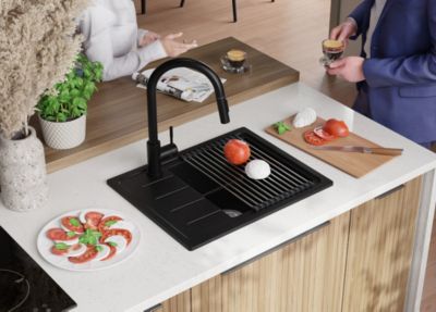 PRIMAGRAN Evier Cuisine en Granit Tout Noir 55x44cm, Lavabo 1 bac + Kit de Vidage + Accessoires, Évier à Encastrer au meuble 45cm
