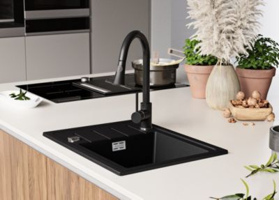 PRIMAGRAN Evier Cuisine en Granit Tout Noir 55x44cm, Lavabo 1 bac + Kit de Vidage + Accessoires, Évier à Encastrer au meuble 45cm