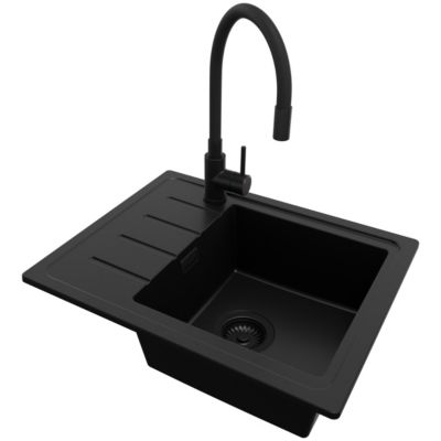 PRIMAGRAN Evier Cuisine en Granit Tout Noir 55x44cm, Lavabo 1 bac + Kit de Vidage + Accessoires, Évier à Encastrer au meuble 45cm