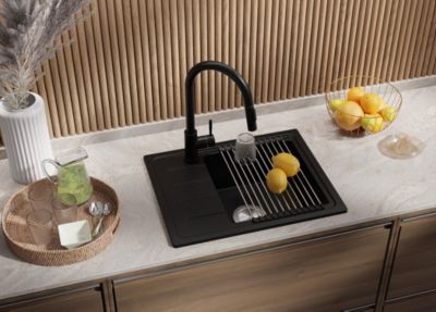 PRIMAGRAN Evier Cuisine en Granit Tout Noir 55x44cm, Lavabo 1 bac + Kit de Vidage + Accessoires, Évier à Encastrer au meuble 45cm