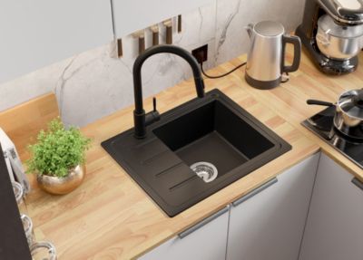 PRIMAGRAN Evier Cuisine en Granit Tout Noir 55x44cm, Lavabo 1 bac + Kit de Vidage + Accessoires, Évier à Encastrer au meuble 45cm