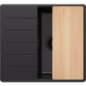 PRIMAGRAN Evier Cuisine en Granit Tout Noir 55x50cm, 1 bac + Kit de Vidage + Accessoires, Évier au meuble 40cm - Copenhague