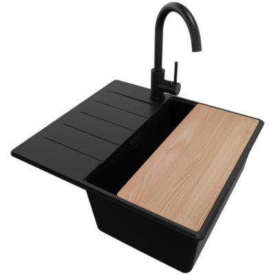 PRIMAGRAN Evier Cuisine en Granit Tout Noir 55x50cm, Lavabo 1 bac + Kit de Vidage + Accessoires, Évier à Encastrer au meuble 40cm