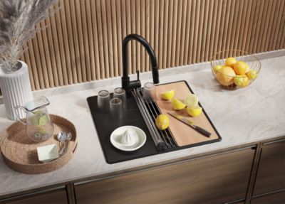 PRIMAGRAN Evier Cuisine en Granit Tout Noir 55x50cm, Lavabo 1 bac + Kit de Vidage + Accessoires, Évier à Encastrer au meuble 40cm