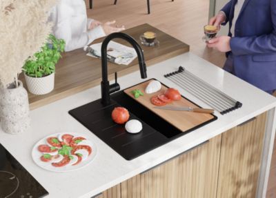 PRIMAGRAN Evier Cuisine en Granit Tout Noir 55x50cm, Lavabo 1 bac + Kit de Vidage + Accessoires, Évier à Encastrer au meuble 40cm