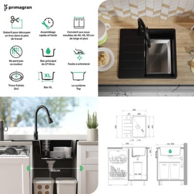 PRIMAGRAN Evier Cuisine en Granit Tout Noir 55x50cm, Lavabo 1 bac + Kit de Vidage + Accessoires, Évier à Encastrer au meuble 40cm
