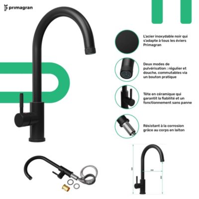 PRIMAGRAN Evier Cuisine en Granit Tout Noir 55x50cm, Lavabo 1 bac + Kit de Vidage + Accessoires, Évier à Encastrer au meuble 40cm