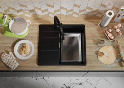 PRIMAGRAN Evier Cuisine en Granit Tout Noir 55x50cm, Lavabo 1 bac + Kit de Vidage + Accessoires, Évier à Encastrer au meuble 40cm