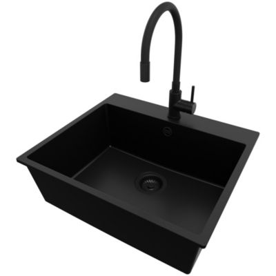 PRIMAGRAN Evier Cuisine en Granit Tout Noir 58x50cm, Lavabo 1 bac + Kit de Vidage + Accessoires, Évier à Encastrer au meuble 60cm
