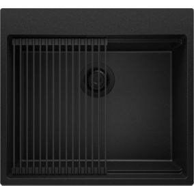PRIMAGRAN Evier Cuisine en Granit Tout Noir 58x53cm, 1 bac + Kit de Vidage, Évier au meuble 60cm - Oslo Max