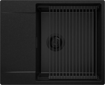 PRIMAGRAN Evier Cuisine en Granit Tout Noir 62x50cm, Lavabo 1 bac + Kit de Vidage + Accessoires, Évier à Encastrer au meuble 50cm