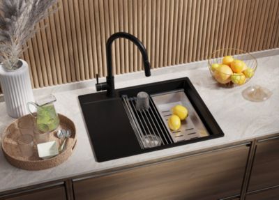 PRIMAGRAN Evier Cuisine en Granit Tout Noir 62x50cm, Lavabo 1 bac + Kit de Vidage + Accessoires, Évier à Encastrer au meuble 50cm