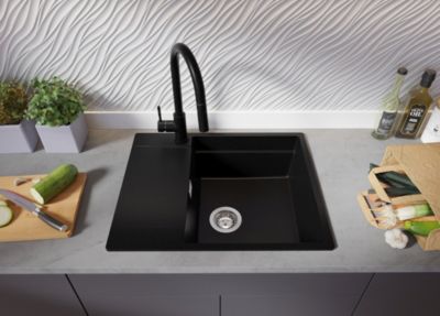 PRIMAGRAN Evier Cuisine en Granit Tout Noir 62x50cm, Lavabo 1 bac + Kit de Vidage + Accessoires, Évier à Encastrer au meuble 50cm