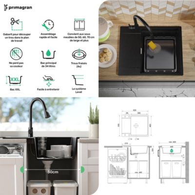 PRIMAGRAN Evier Cuisine en Granit Tout Noir 62x50cm, Lavabo 1 bac + Kit de Vidage + Accessoires, Évier à Encastrer au meuble 50cm