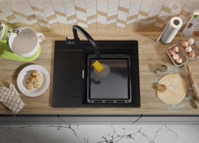 PRIMAGRAN Evier Cuisine en Granit Tout Noir 62x50cm, Lavabo 1 bac + Kit de Vidage + Accessoires, Évier à Encastrer au meuble 50cm