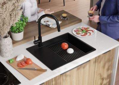 PRIMAGRAN Evier Cuisine en Granit Tout Noir 62x50cm, Lavabo 1 bac + Kit de Vidage + Accessoires, Évier à Encastrer au meuble 50cm