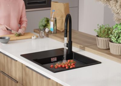 PRIMAGRAN Evier Cuisine en Granit Tout Noir 62x50cm, Lavabo 1 bac + Kit de Vidage + Accessoires, Évier à Encastrer au meuble 50cm