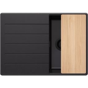 PRIMAGRAN Evier Cuisine en Granit Tout Noir 70x50cm, 1 bac + Kit de Vidage + Accessoires, Évier au meuble 40cm - Copenhague