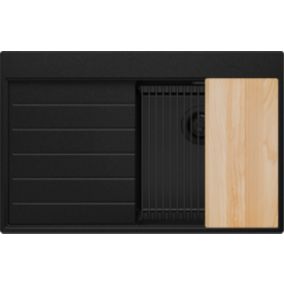 PRIMAGRAN Evier Cuisine en Granit Tout Noir 78x50cm, 1 bac + Kit de Vidage, Évier au meuble 45cm - Sydney