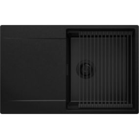 PRIMAGRAN Evier Cuisine en Granit Tout Noir 78x50cm, 1 bac + Kit de Vidage, Évier au meuble 50cm - San Francisco