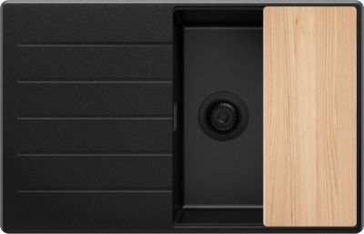 PRIMAGRAN Evier Cuisine en Granit Tout Noir 78x50cm, Lavabo 1 bac + Kit de Vidage + Accessoires, Évier à Encastrer au meuble 50cm
