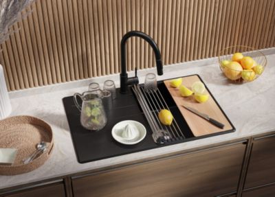 PRIMAGRAN Evier Cuisine en Granit Tout Noir 78x50cm, Lavabo 1 bac + Kit de Vidage + Accessoires, Évier à Encastrer au meuble 50cm