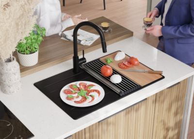 PRIMAGRAN Evier Cuisine en Granit Tout Noir 78x50cm, Lavabo 1 bac + Kit de Vidage + Accessoires, Évier à Encastrer au meuble 50cm