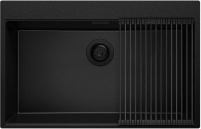 PRIMAGRAN Evier Cuisine en Granit Tout Noir 78x50cm, Lavabo 1 bac + Kit de Vidage + Accessoires, Évier à Encastrer au meuble 80cm