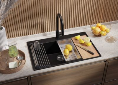 PRIMAGRAN Evier Cuisine en Granit Tout Noir 78x50cm, Lavabo 1 bac + Kit de Vidage + Accessoires, Évier à Encastrer au meuble 80cm