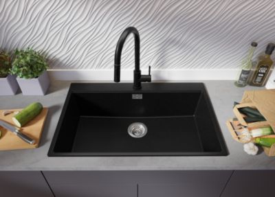 PRIMAGRAN Evier Cuisine en Granit Tout Noir 78x50cm, Lavabo 1 bac + Kit de Vidage + Accessoires, Évier à Encastrer au meuble 80cm