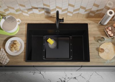 Évier Cuisine En Granit Tout Blanc 78x50cm - 1 Bac XL, égouttoir Pliable, Kit De Vidage Inclus