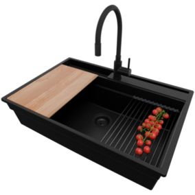 PRIMAGRAN Evier Cuisine en Granit Tout Noir 78x53cm, 1 bac + Kit de Vidage + Robinet 40x13cm, Évier au meuble 80cm - Oslo Pocket