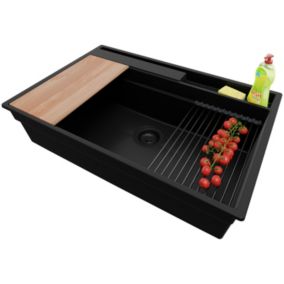 PRIMAGRAN Evier Cuisine en Granit Tout Noir 78x53cm, 1 bac + Kit de Vidage, Évier au meuble 80cm - Oslo Pocket