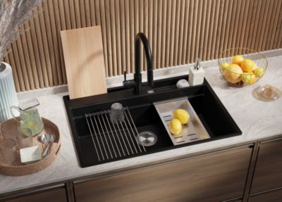 PRIMAGRAN Evier Cuisine en Granit Tout Noir 78x53cm, Lavabo 1 bac + Kit de Vidage + Accessoires, Évier à Encastrer au meuble 80cm