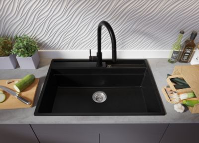 PRIMAGRAN Evier Cuisine en Granit Tout Noir 78x53cm, Lavabo 1 bac + Kit de Vidage + Accessoires, Évier à Encastrer au meuble 80cm