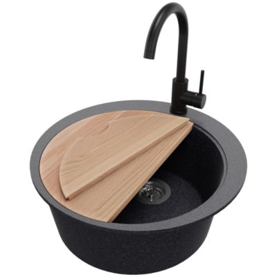 PRIMAGRAN Evier cuisine Granit Rond Graphite 53x53cm, Evier 1 bac + Kit de Vidage + Accessoires, Lavabo Cuisine au meuble 50cm