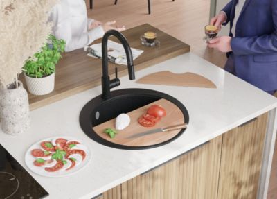 PRIMAGRAN Evier cuisine Granit Rond Graphite 53x53cm, Evier 1 bac + Kit de Vidage + Accessoires, Lavabo Cuisine au meuble 50cm