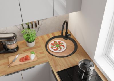 PRIMAGRAN Evier cuisine Granit Rond Graphite 53x53cm, Evier 1 bac + Kit de Vidage + Accessoires, Lavabo Cuisine au meuble 50cm