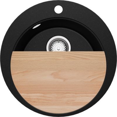 PRIMAGRAN Evier cuisine Granit Rond Noir Métallisé 50x50cm, Evier 1 bac + Accessoires, Lavabo Cuisine au meuble 45cm