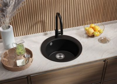 PRIMAGRAN Evier cuisine Granit Rond Noir Métallisé 50x50cm, Evier 1 bac + Accessoires, Lavabo Cuisine au meuble 45cm