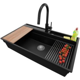 PRIMAGRAN Evier Cuisine Noir Métallisé 88x53cm, 1 bac + Kit de Vidage + Robinet 40x22cm, Évier au meuble 90cm - Oslo Pocket