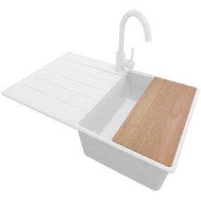 PRIMAGRAN Evier Cuisine Tout Blanc 78x50cm, 1 bac + Syfon + Robinet 32x20cm + Accessoires, Évier au meuble 45cm - Copenhague