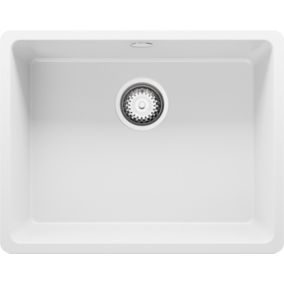 PRIMAGRAN Evier Sous Plan 56x44cm, Evier en Granit + Kit de Vidage, Évier au meuble 60cm - Venise Easy, Blanc