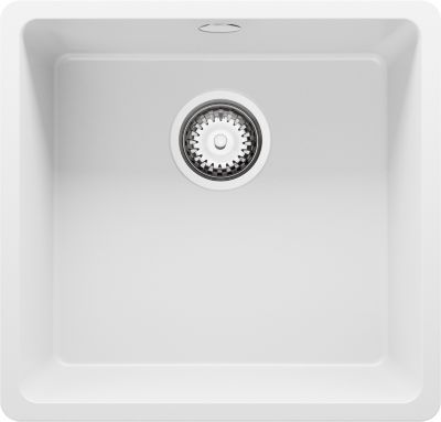 PRIMAGRAN Evier Sous Plan Blanc 46x44cm, Evier en Granit 1 bac + Kit de Vidage, Évier au meuble 50cm - Venise Easy