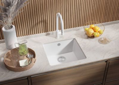 PRIMAGRAN Evier Sous Plan Blanc 46x44cm, Evier en Granit 1 bac + Kit de Vidage, Évier au meuble 50cm - Venise Easy