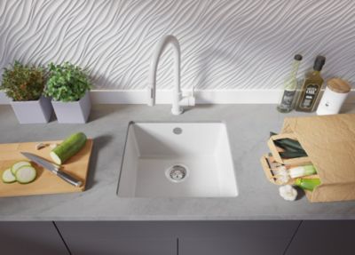 PRIMAGRAN Evier Sous Plan Blanc 46x44cm, Evier en Granit 1 bac + Kit de Vidage, Évier au meuble 50cm - Venise Easy