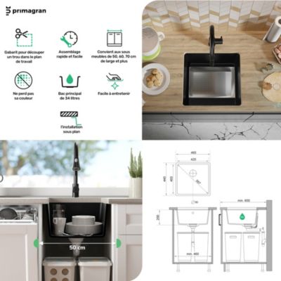 PRIMAGRAN Evier Sous Plan Blanc 46x44cm, Evier en Granit 1 bac + Kit de Vidage, Évier au meuble 50cm - Venise Easy