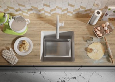 PRIMAGRAN Evier Sous Plan Blanc 46x44cm, Evier en Granit 1 bac + Kit de Vidage, Évier au meuble 50cm - Venise Easy