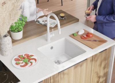 PRIMAGRAN Evier Sous Plan Blanc 46x44cm, Evier en Granit 1 bac + Kit de Vidage, Évier au meuble 50cm - Venise Easy